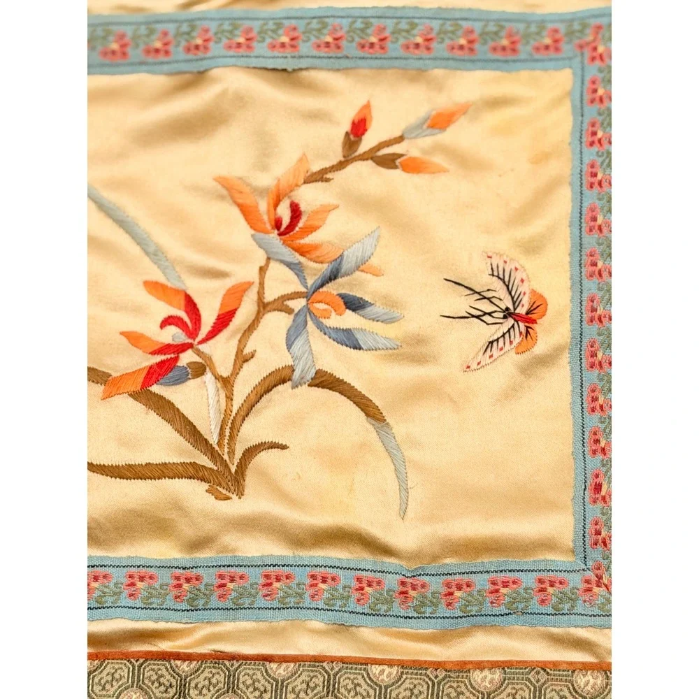 Vintage Chinese Silk Hand Embroidered Floral Butterfly Textile Mat Hong Kong